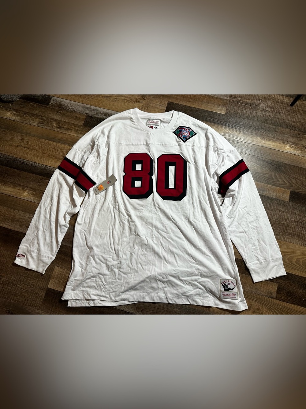 Mitchell & Ness White Long-Sleeve #80 Football Shirt with Red and Black Trim